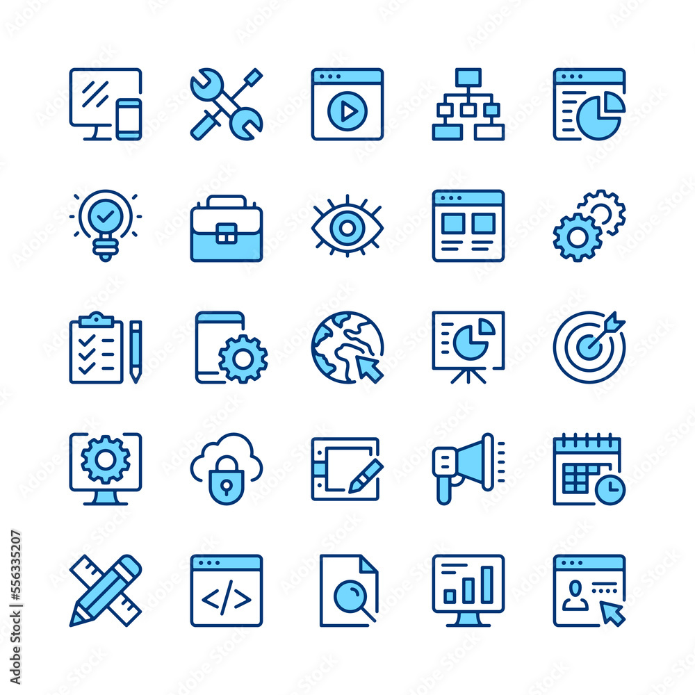 Poster web development line icons. blue color. vector line icons set