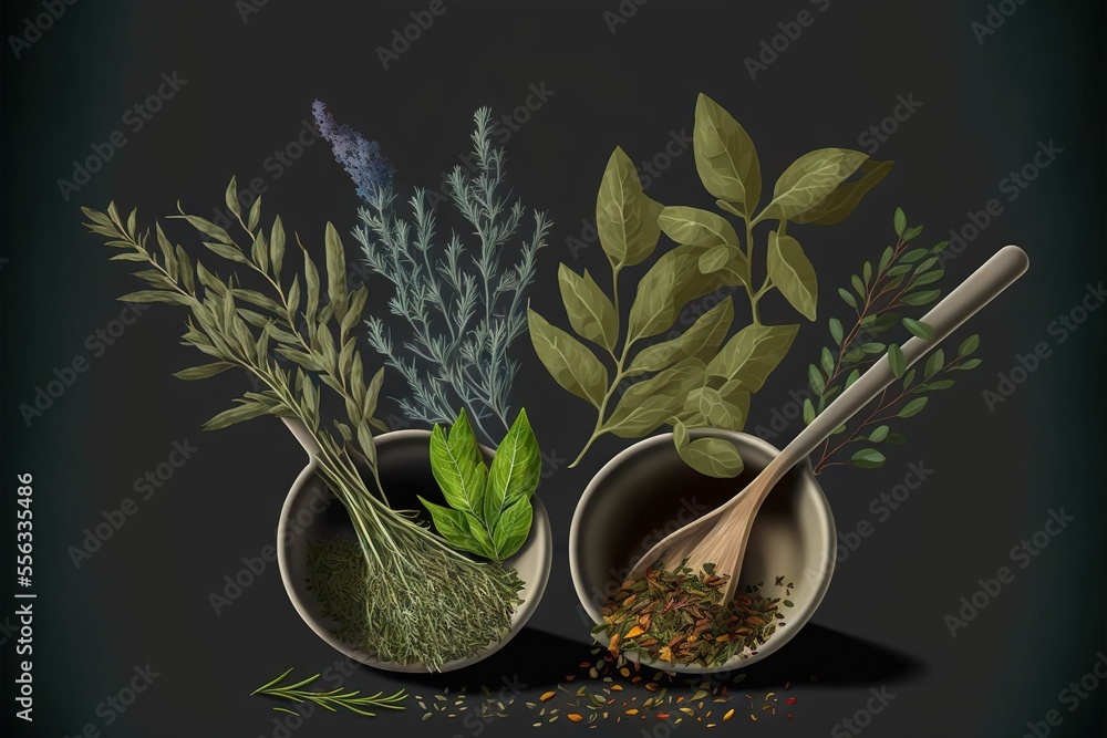Poster a painting of herbs in bowls with spoons and herbs on a black background with a shadow of a spoon., 