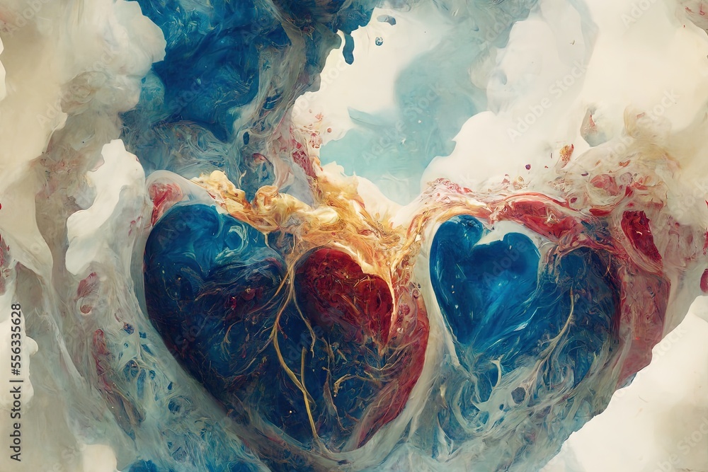 Poster a painting of two hearts with a blue and red swirl in the middle of it and a yellow and red swirl in
