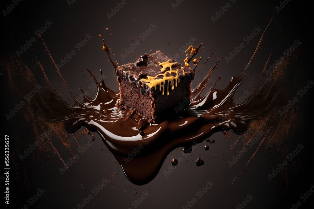 Poster a piece of chocolate cake with a yellow icing on top of it and chocolate sauce on the bottom., gener