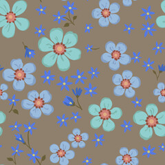 Fototapeta na wymiar Seamless vintage pattern. Dark green background. Large yellow and small blue flowers. Vector texture. Fashionable print for textiles and wallpaper.