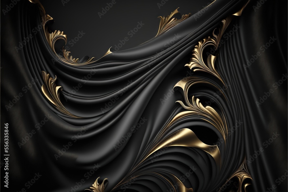 Poster a black and gold background with a wavy design on it's side and a black background with a gold swirl