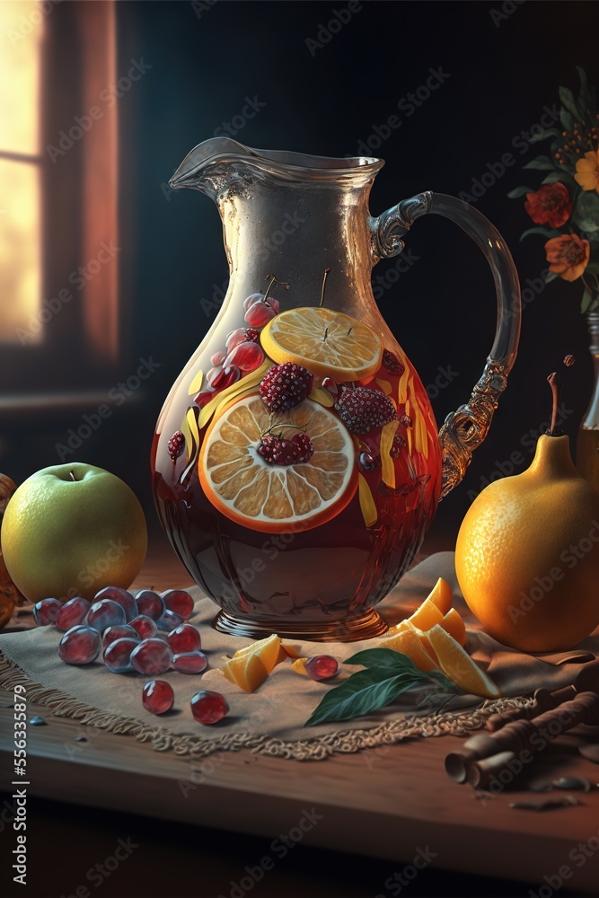 Poster a painting of a pitcher of fruit and a vase of flowers and fruit on a table with a cloth., generativ