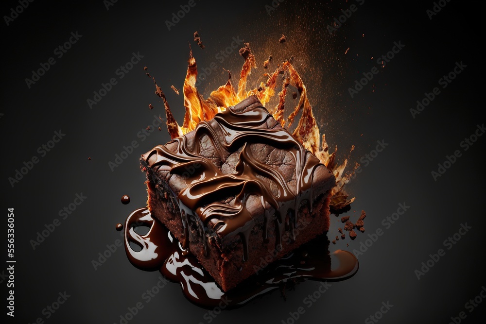 Poster a piece of cake with a fire on top of it on a black surface with a black background and a black back
