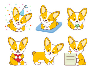 Cartoon Pembroke Welsh Corgi illustration set in different poses. Cute sitting, lying vector dog isolated on white background
