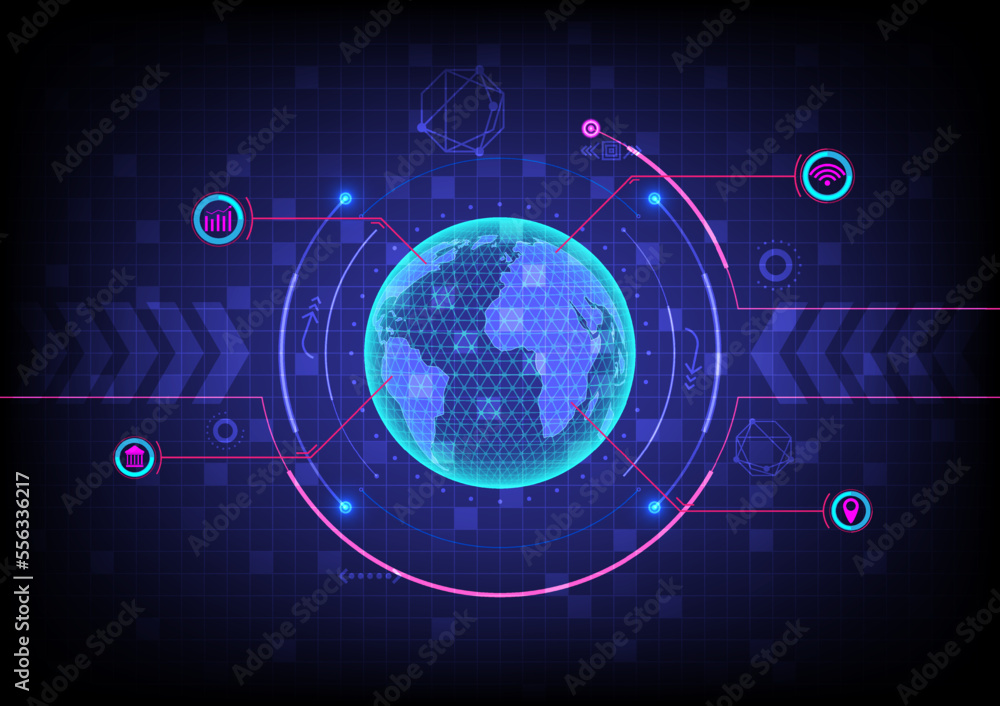 Poster hi tech abstract background glowing 3d globe with dotted circle and outline location line to various