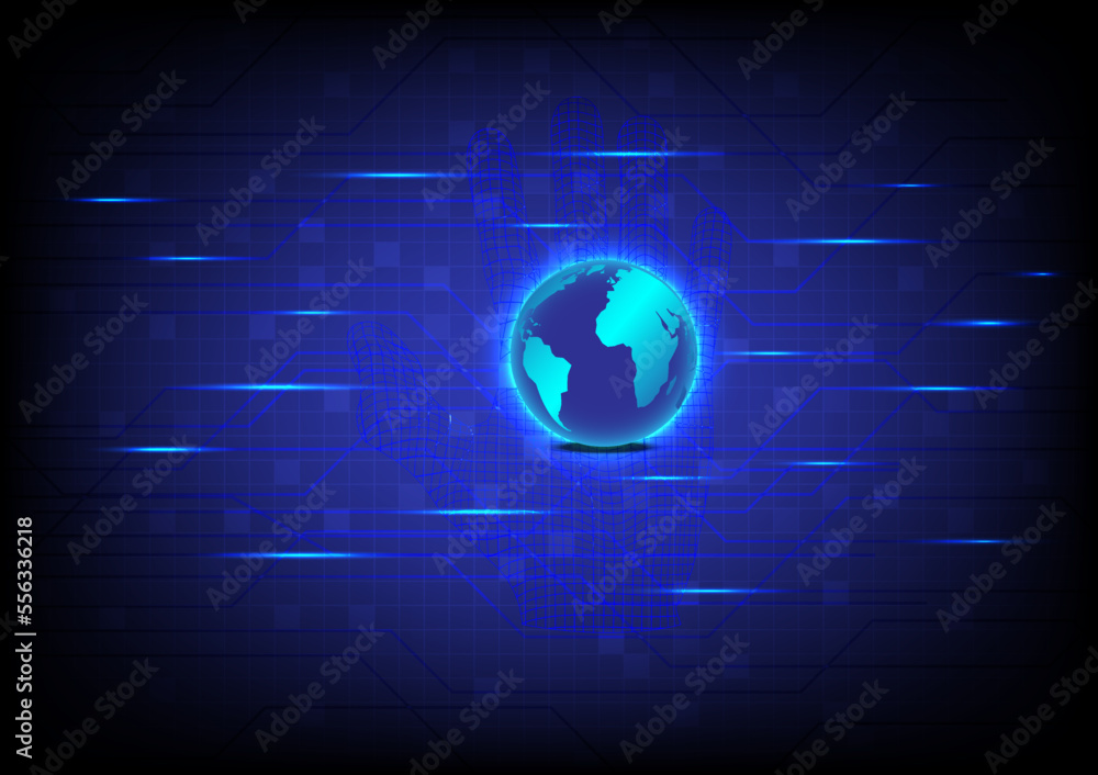 Poster hi tech abstract background a glowing 3d globe placed on a wireframe hand with a circuitry bottom wi