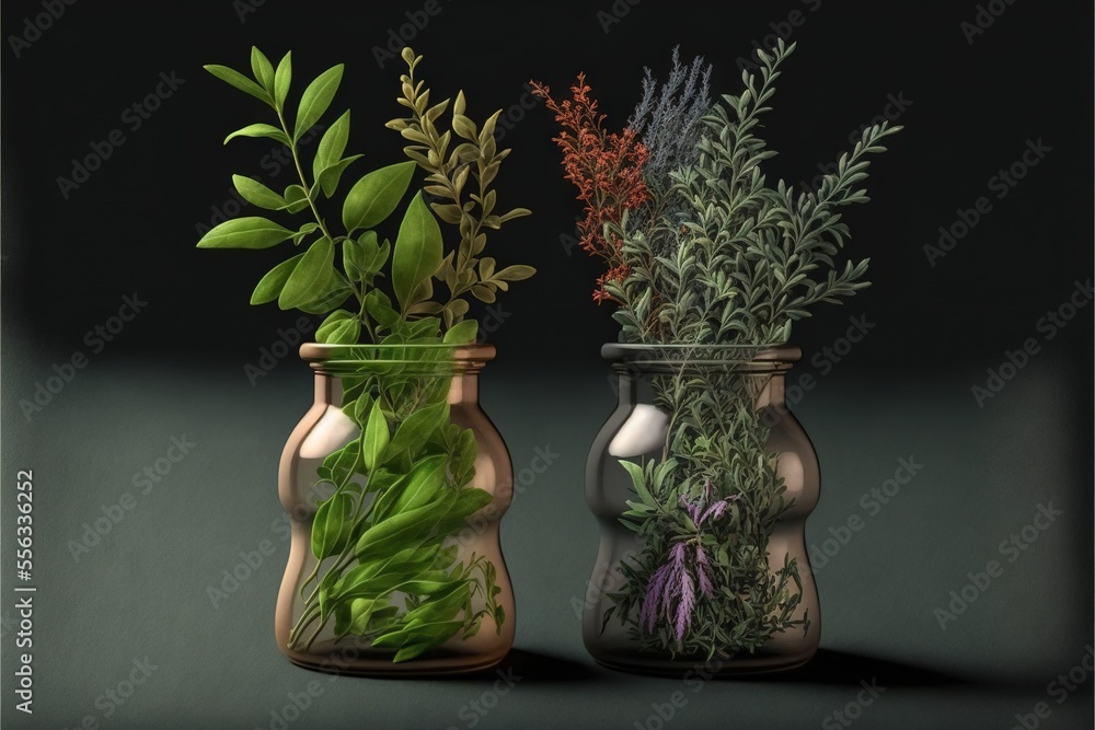Poster two vases with plants in them on a table top with a black background and a green background behind them., generative ai
