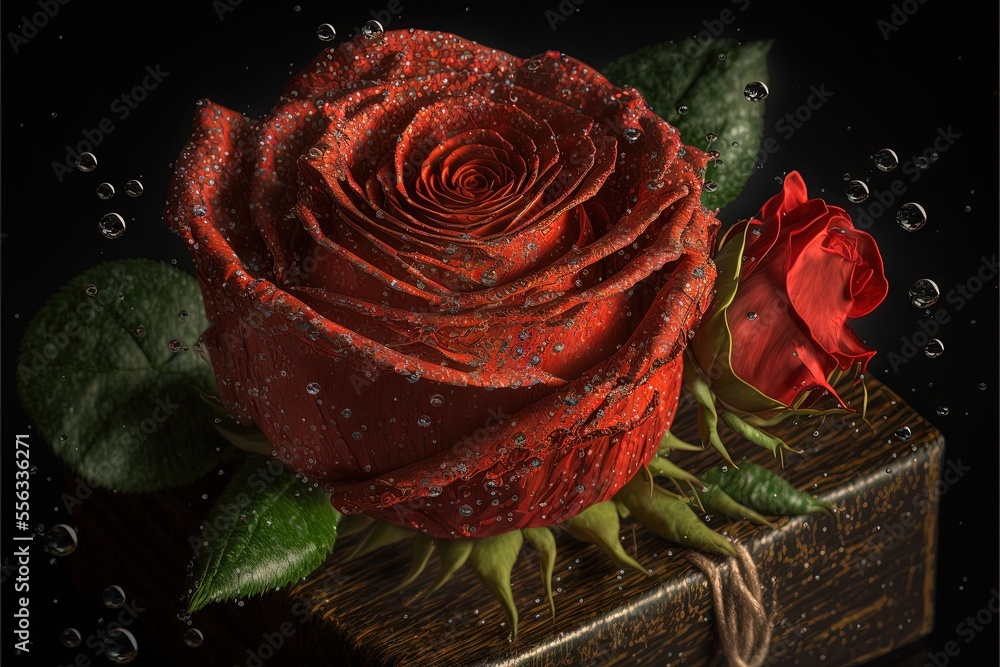 Poster a red rose with water droplets on it and a green stem on a wooden block with a black background., ge