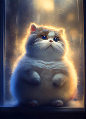 Illustration of an adorable cute round and fat fluffy chonky cat with a sad look looking from outside in., Generative AI
