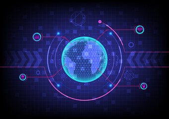 hi tech abstract background
glowing 3d globe with dotted circle and outline Location line to various symbols There are multiple elements and grids on a blue gradient background.