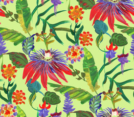 bright seamless pattern with multicolored tropical flowers and leaves on a green background for textile