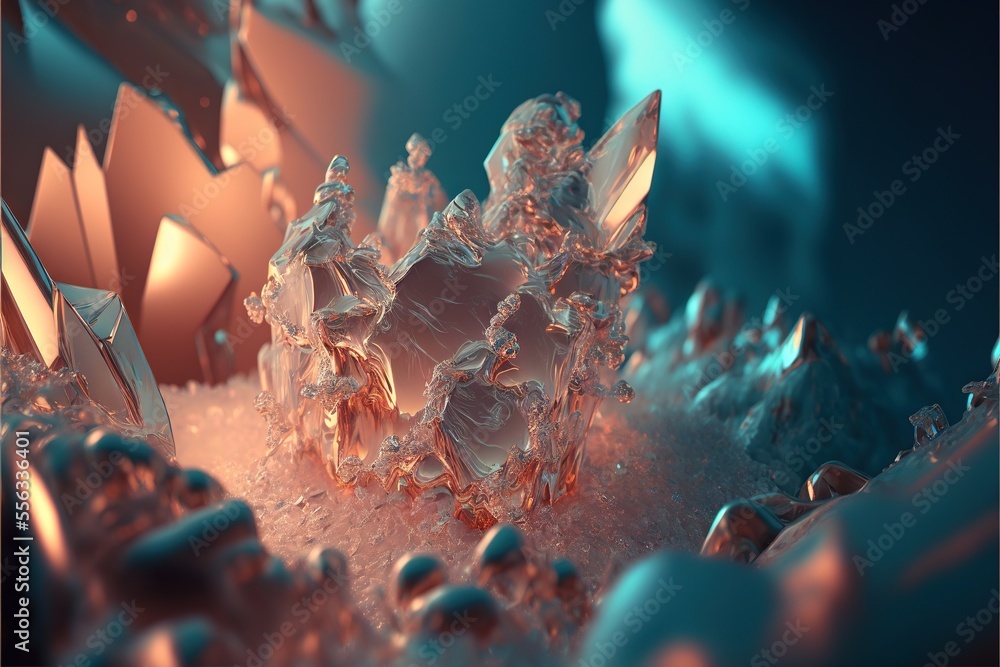 Poster a close up of a crown made of ice and snow crystals on a blue background with a red center., generat
