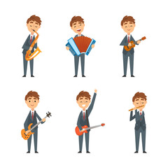 Young Man in Suit and Tie Playing Musical Instrument Performing Concert on Stage Vector Set