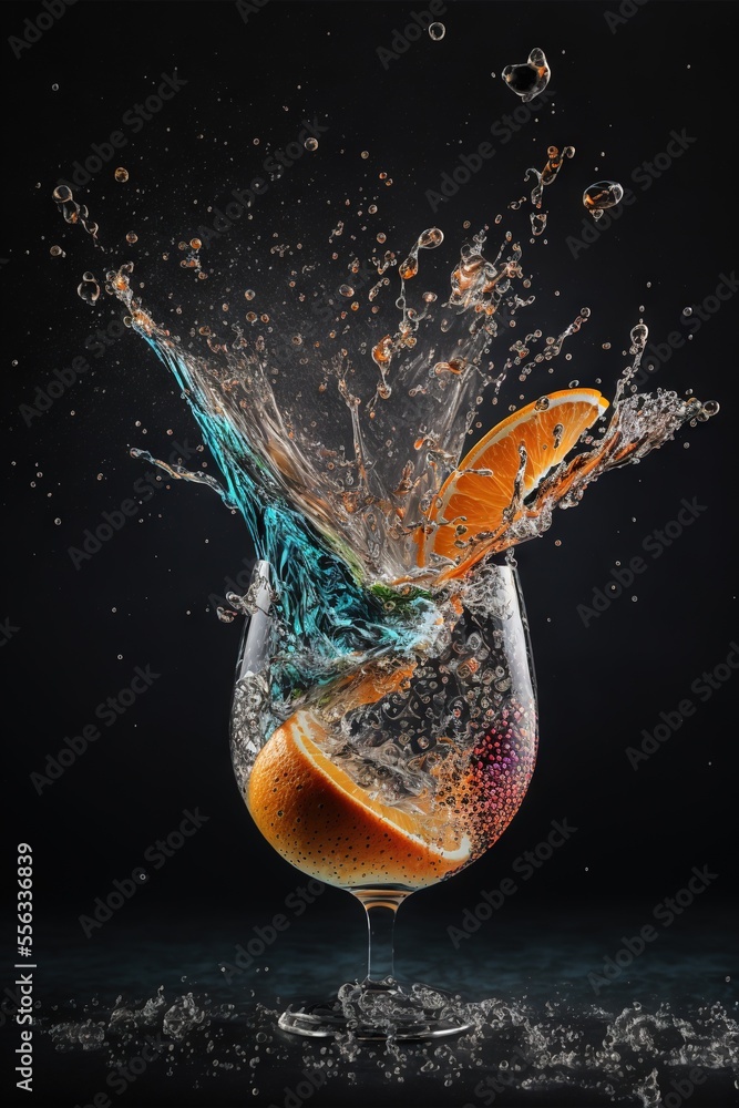 Poster a glass of orange juice with water splashing out of it and a slice of orange on the side., generativ