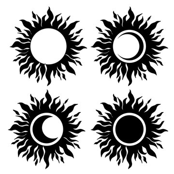 Silhouette of the sun and moon set. Modern witchcraft vector illustration.
