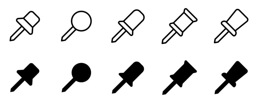 Conjunto de iconos de alfileres de oficina. Chinchetas, clip de pasador planos, tachuela, pasadores de empuje. Ilustración vectorial