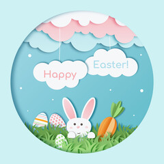 cutout happy easter. Paper cut card with rabbit and clouds. Easter bunny with eggs and carrot 