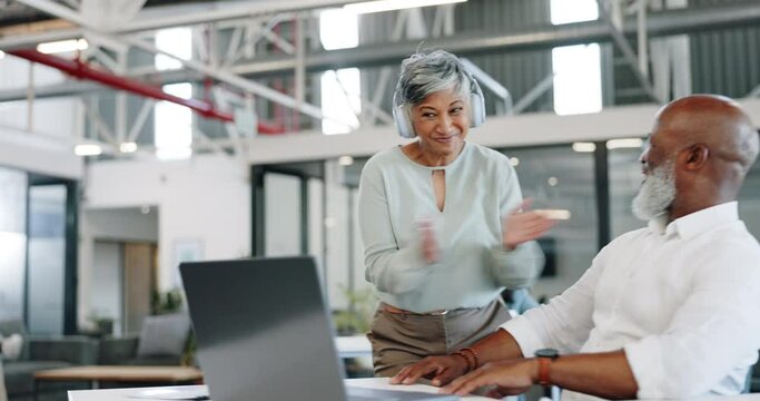 Dancing, office and group of business people with headphones having fun, happy and good mood at work. Success, team and excited workers dance, listening to music and high five in corporate workplace