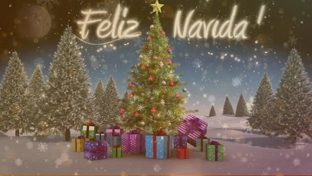 Animation of feliz navidad text, snowfall on coniferous trees and present boxes against moon in sky