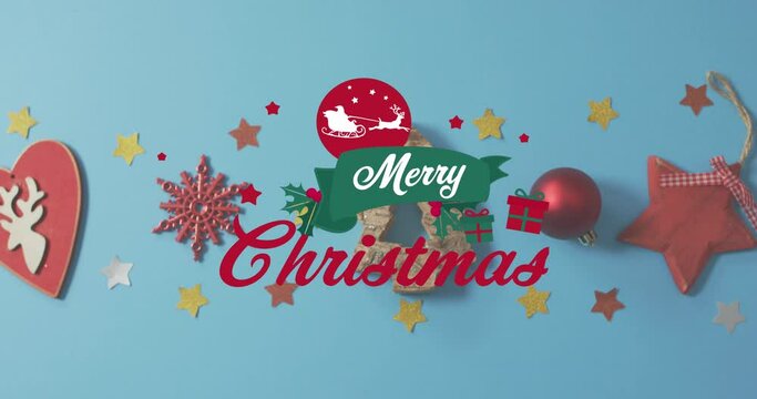 Animation of merry christmas text, santa riding sleigh, wooden tree, snowflakes and decorations