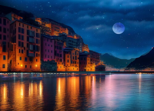  night at sea ,starry  sky  and big moonin Italy , houses in harbor ,blue water wave , nebula milky way  on horizon city  blurred light , mediterranean sea  ,seascape