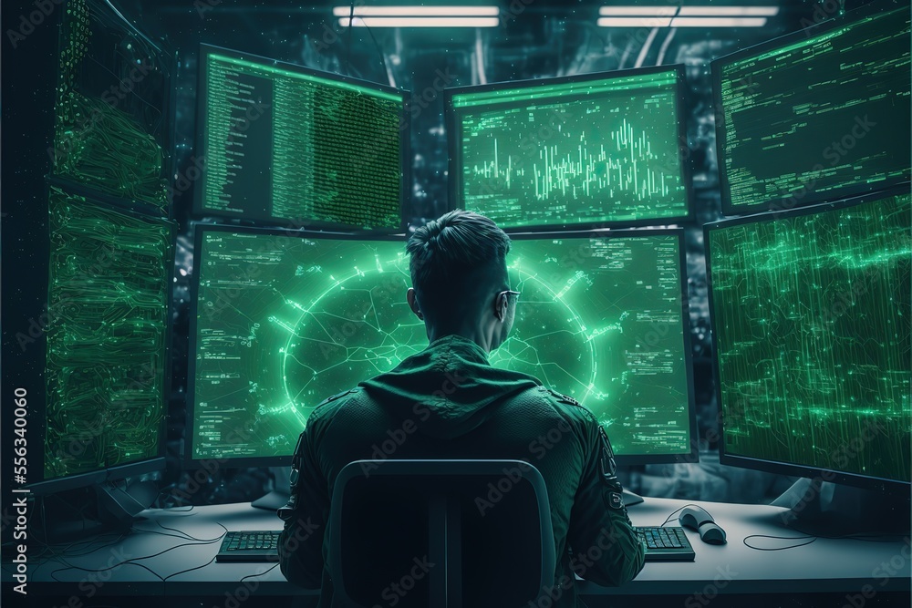 Poster Programmer working on computers with multiple monitors AI
