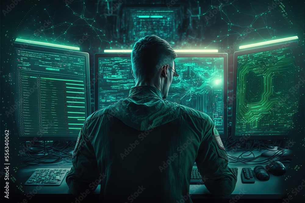 Fototapete app developer working on computers in dark office ai