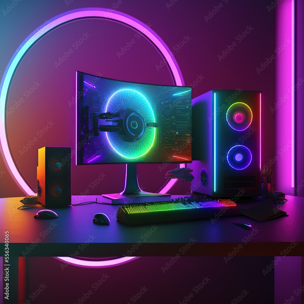 Poster futuristic gaming computer on table in illuminated room ai
