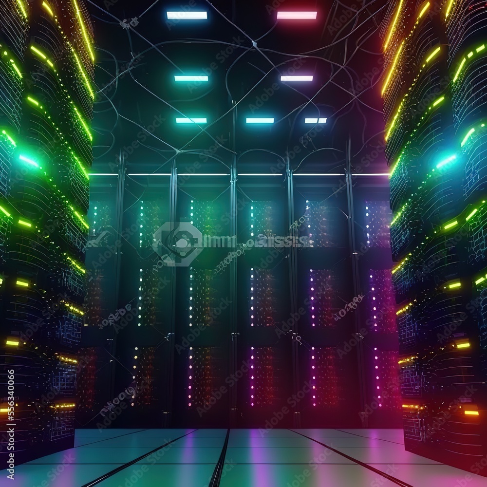 Poster stacks with working equipment in contemporary datacenter ai