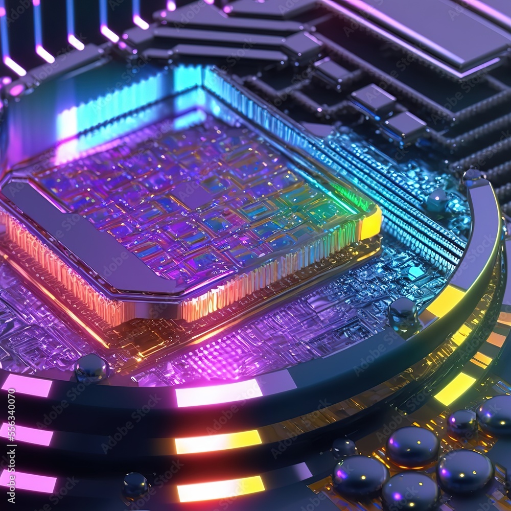 Poster Futuristic microchip installed on computer motherboard AI