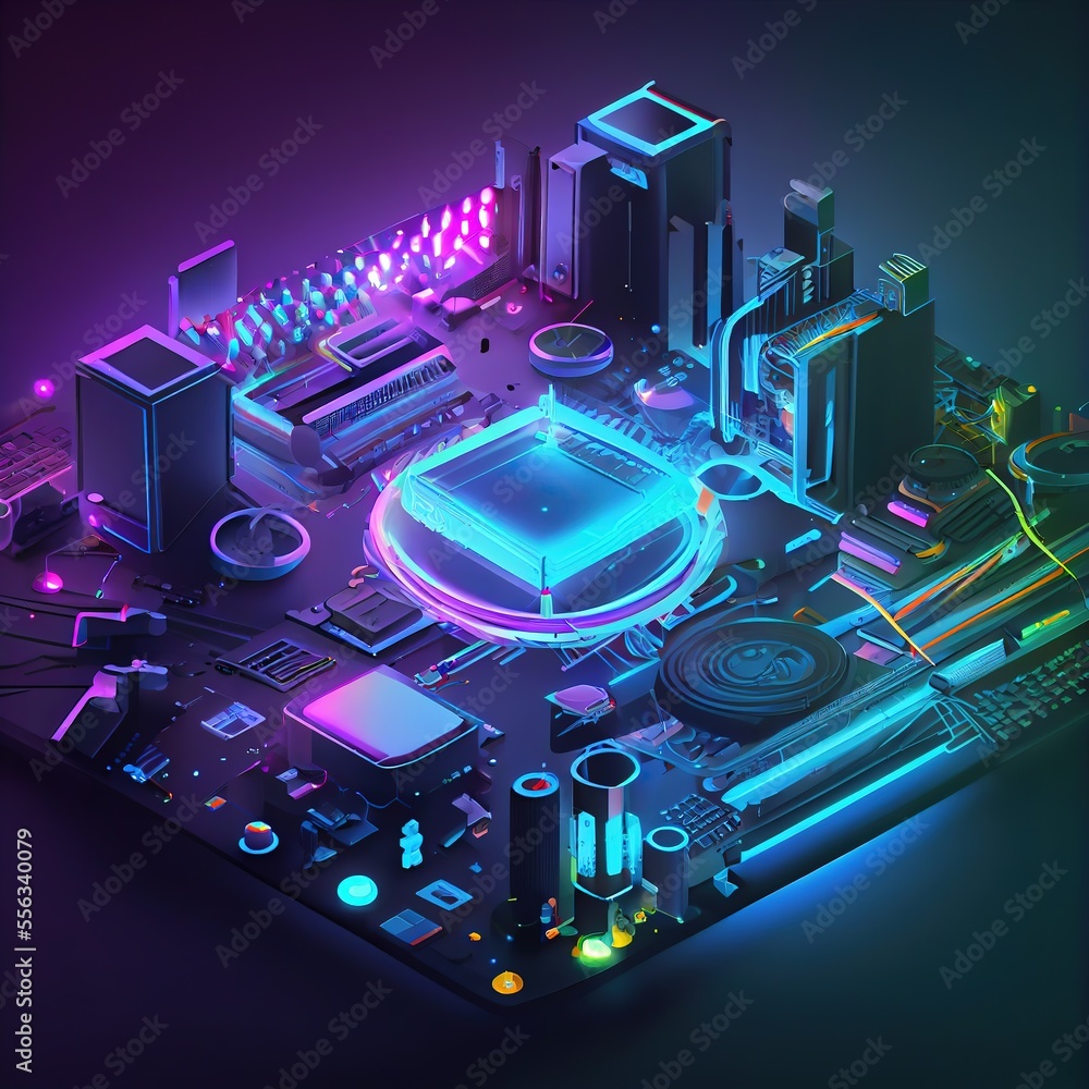 Poster Glowing processor and chips installed on motherboard AI