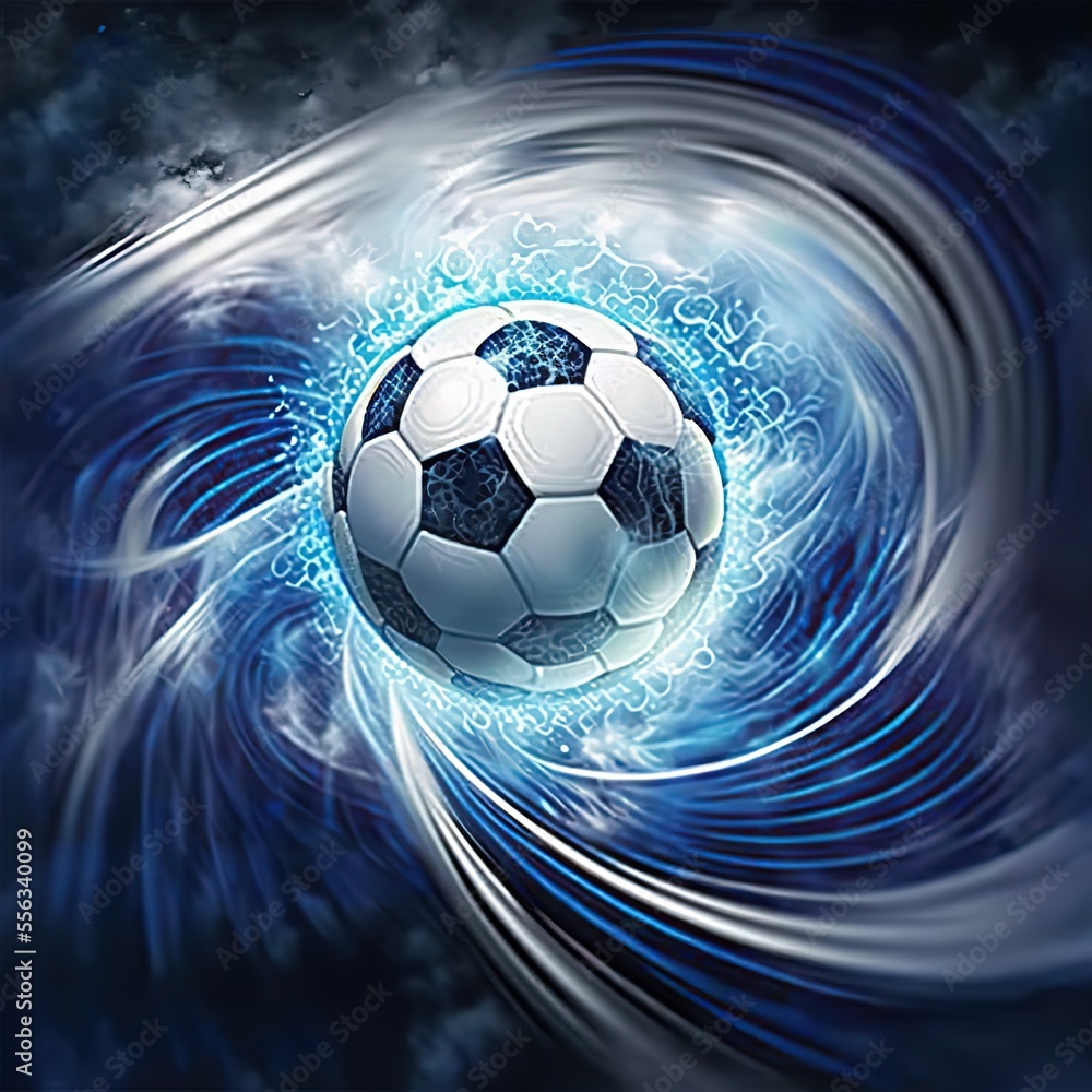 Wall mural Soccer ball with electric impulses and air waves AI image