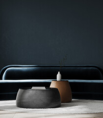 Modern interior design with blue sofa and empty blue mock up wall background 3D Rendering, 3D...