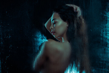 Photo of lady enjoy fresh moisturizing shampoo head and shoulders isolated on dark color background...