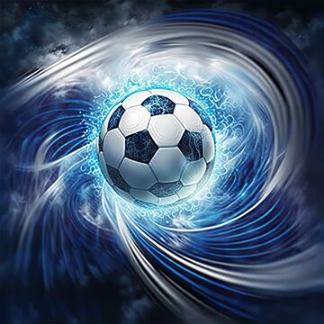 Soccer ball with electric impulses and air waves AI image