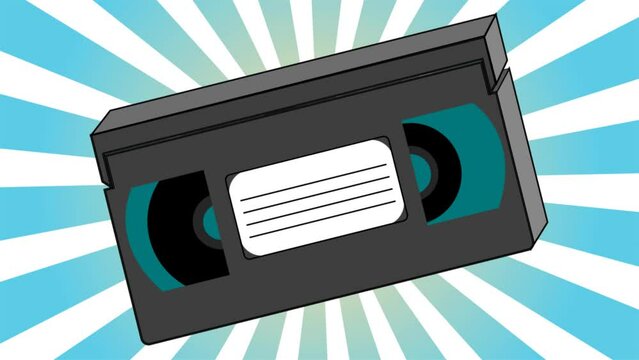 Retro video cassette for watching movies on video player old vintage hipster for geeks from 70s, 80s, 90s on blue rays background. Video in high quality 4k, motion design