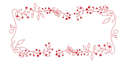 Vector. Merry Christmas and Happy New Year floral background, copy space for text. Rustic horizontal frame template for Christmas cards, wedding invitations, party invitations. Hand-drawn sketch.