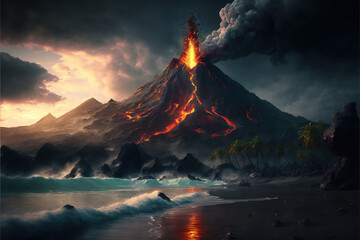 volcano erupting on the beach AI generated - obrazy, fototapety, plakaty