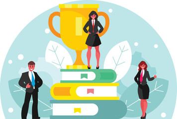 Business team achievements. Golden cup, trophy standing on a stack of books. Business goal, idea. Victory concept. Vector graphics