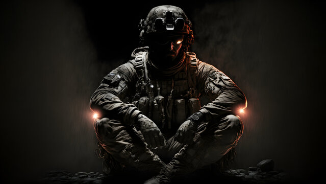 soldier in camouflaged uniform, sitting with vertical dramatic light., neural network generated art