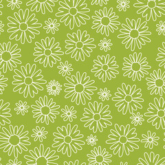 White daisies outlines on calm green background, seamless vector pattern