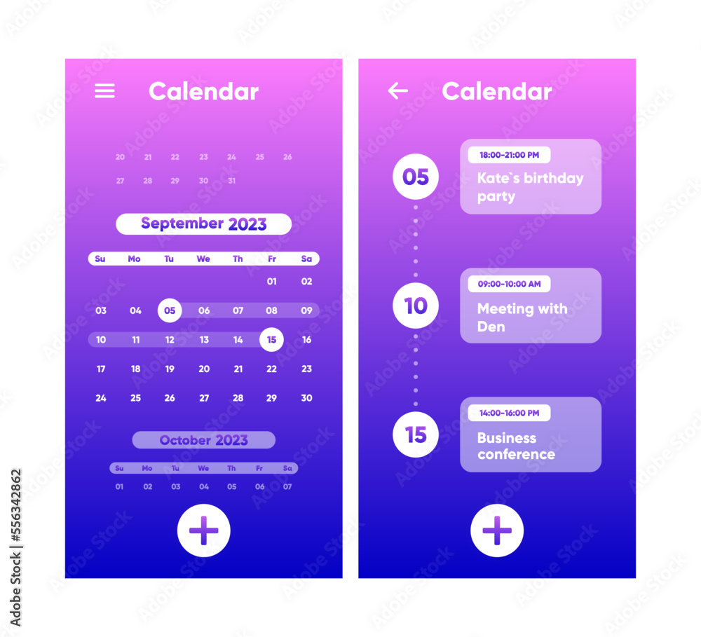 Poster calendar app mockup. month, week and day interface application. daily tasks screen. weekly checklist