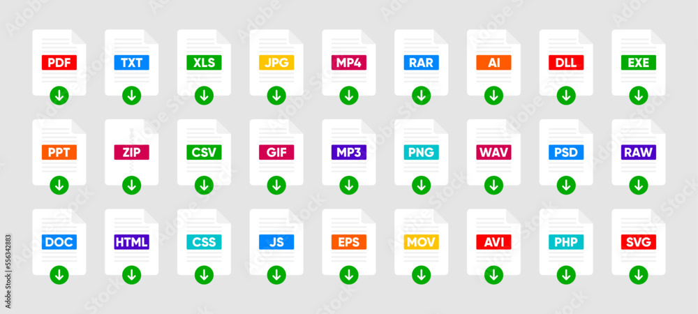 Aufkleber file type icon set. popular files format and document. format and extension of documents. set of gra