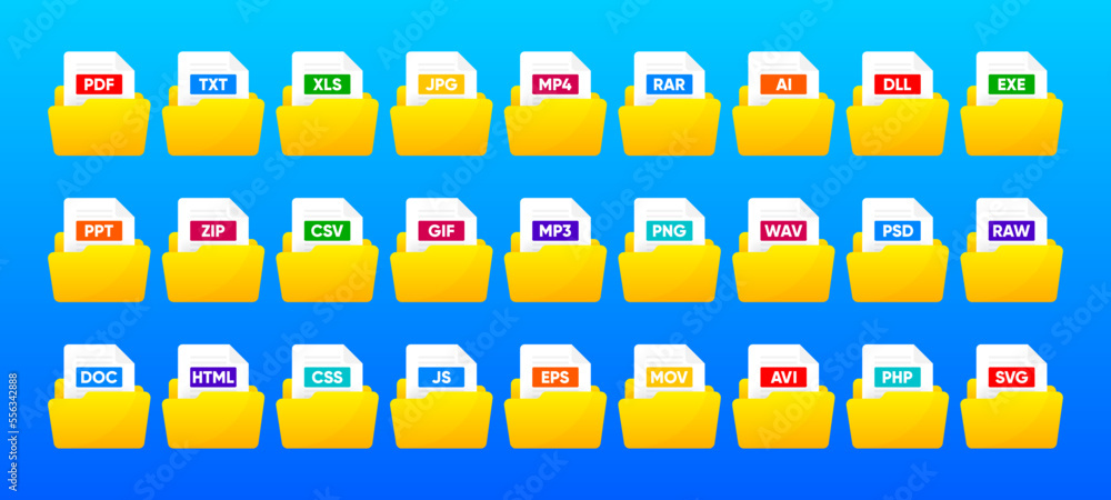 Aufkleber file type icon set. popular files format and document. format and extension of documents. set of gra