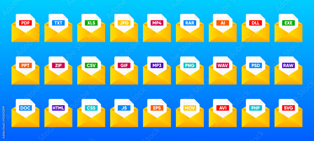 Aufkleber file type icon set. popular files format and document. format and extension of documents. set of gra