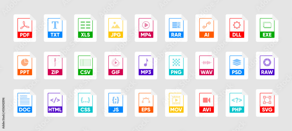 Aufkleber file type icon set. popular files format and document. format and extension of documents. set of gra
