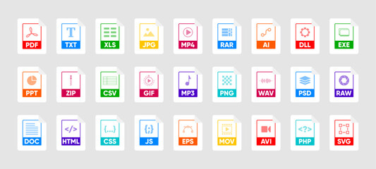 File Type icon set. Popular files format and document. Format and extension of documents. Set of graphic templates audio, video, image, system, archive, code and document file. Vector illustration. - obrazy, fototapety, plakaty