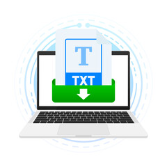 Download TXT file with label on laptop screen. Downloading document concept. View, read, download TXT file on laptops and mobile devices. Vector illustration.