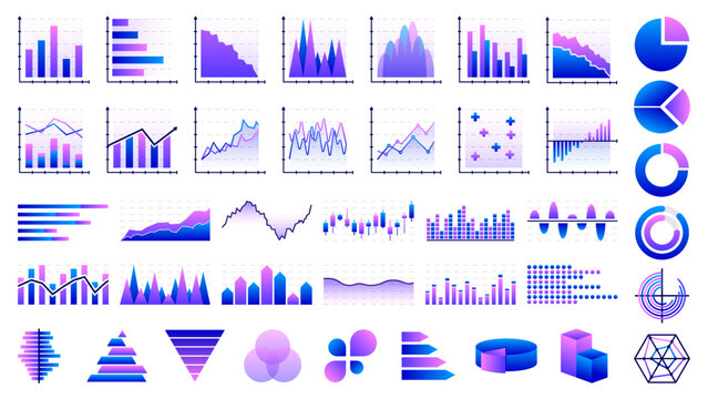 Business Data Charts. Diagrams and Graphs collection. Business data market elements, statistic and data, infographics business, money, down or up, analytic report. Vector illustration.